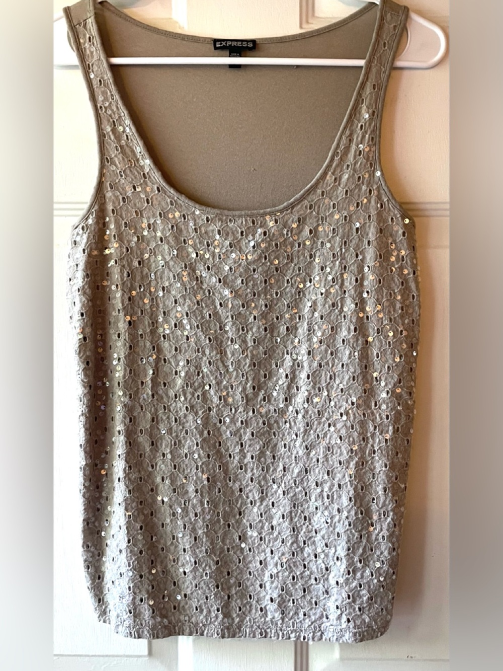 Express Taupe Eyelet Front Clear Sequin Detail Sleeveless Knit Tank Top Medium